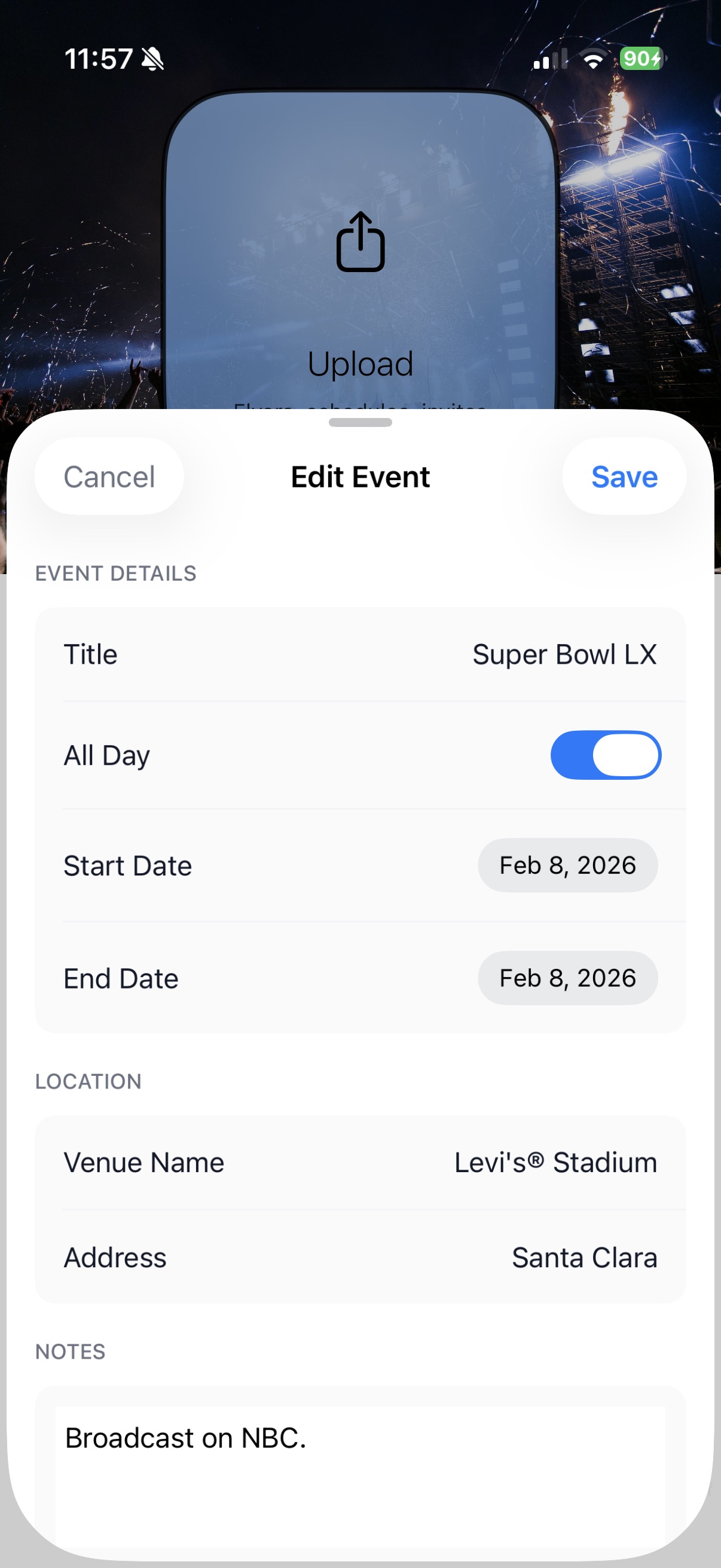 Calendar event result
